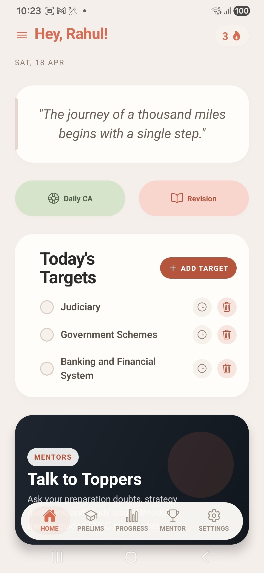 Civilify home screen showing daily targets, revision, current affairs, and mentor entry point