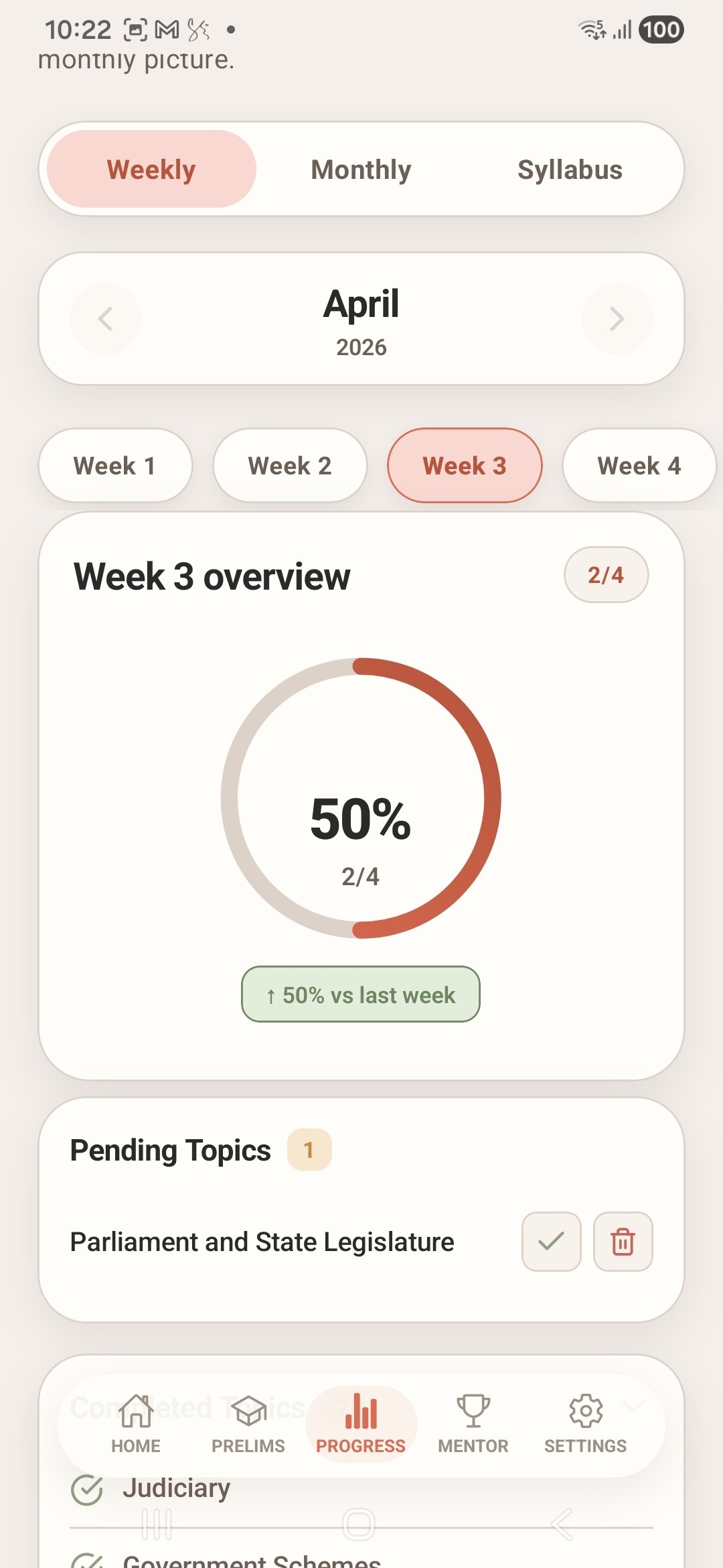 Civilify progress screen showing weekly tracking and topic completion
