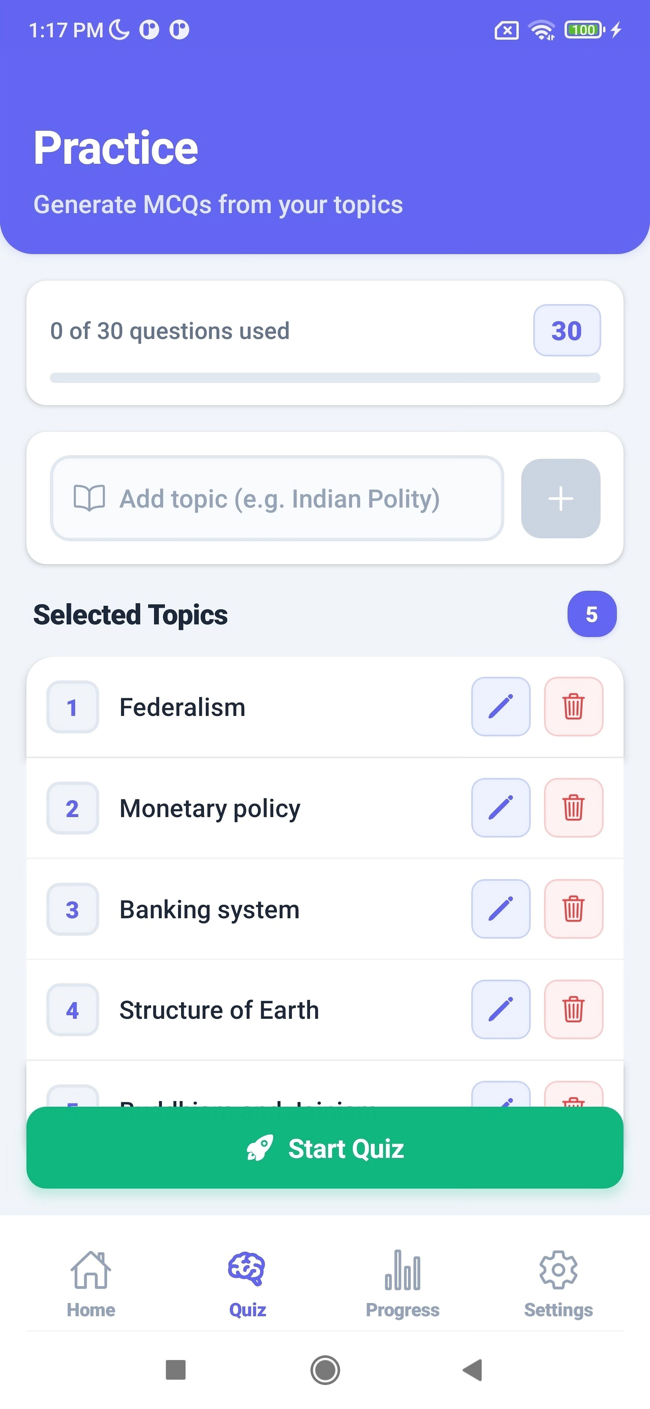 AI Quiz Practice - Generate MCQs from your topics